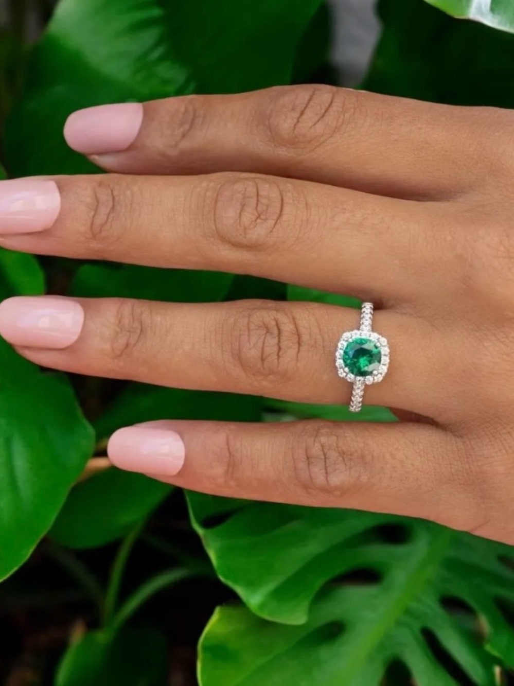Emerald Green Halo Sterling Silver Pave Engagement or Promise Ring